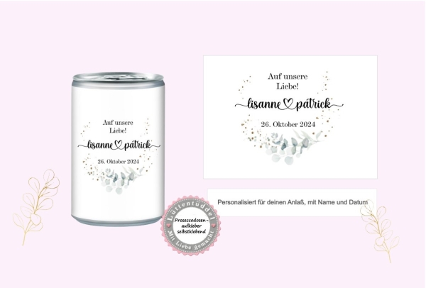 Prosecco Banderole PERSONALISIERT Aufkleber Sticker Kalender für JGA, Hochzeit, Getränke-Dosen-Banderole auf unsere Liebe  von Lüttentüddel®